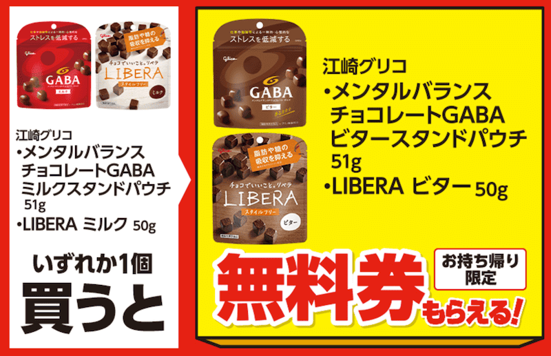 「江崎グリコ　メンタルバランスチョコレートGABA　ビター　スタンドパウチ」または「江崎グリコ　LIBERA　ビター」の無料クーポンがもらえる